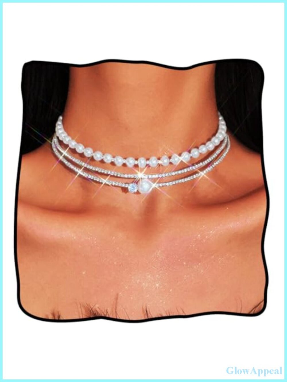 Pearl Rhinestone Choker Necklace Layered Silver Adjustable